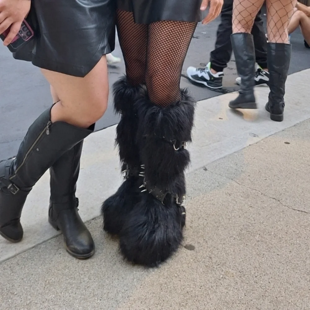 Dolls Kill Club Exx Knee High Fur Wedge Platform Boots Black Tan Studs Buckles